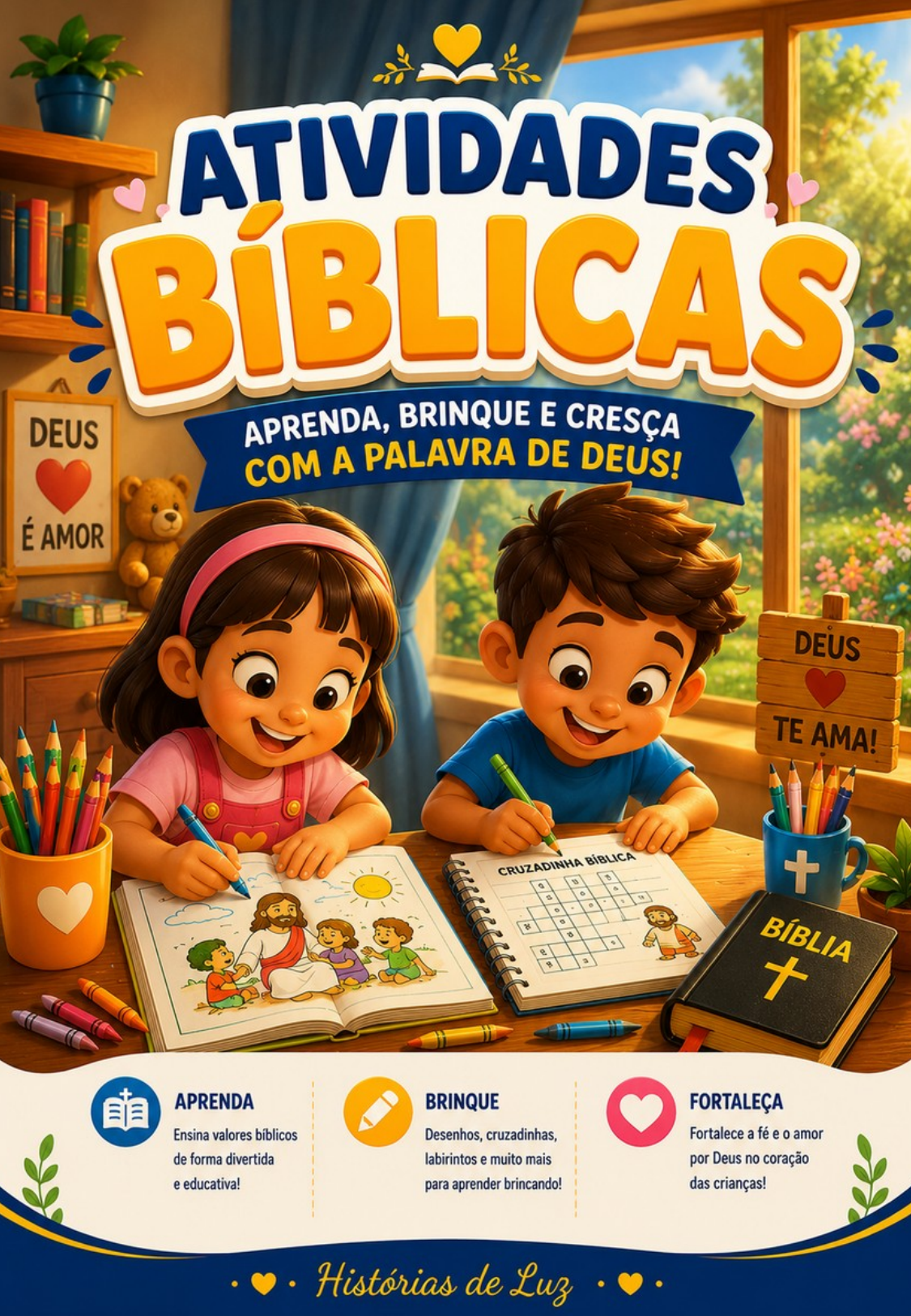 Capa do material Atividades Bíblicas Histórias de Luz com duas crianças colorindo